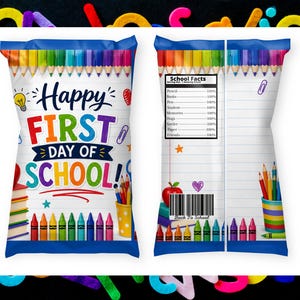 Sjabloon voor een chipszakje voor de eerste schooldag, traktatie voor een schoolfeest, wikkel voor een snoepzakje voor in de klas, direct te downloaden en te printen.