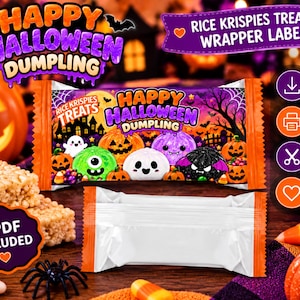 Pode incluir: Uma embalagem retangular de doce com um tema colorido de Halloween, apresentando dumplings de desenho animado, abóboras e uma casa assombrada. O texto diz Happy Halloween Dumpling e Rice Krispies Treats. Uma embalagem branca vazia é exibida abaixo.