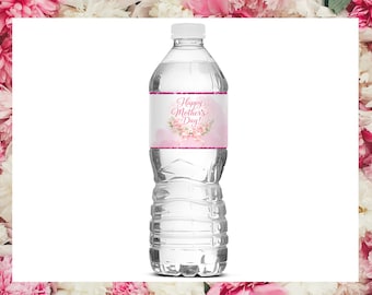 Mother’s Day Water Bottle Labels, Pink Floral Drink Wrap, Happy Mothers Day Party Favor, Printable Bottle Sticker