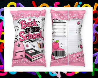 Back to School Chip Bag Printable, Pink School Party Favor, Girls Birthday Treat Bag, School Snack Bag Wrapper PDF Download