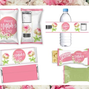 May include: Assortment of Mother's Day themed packaging, including chip bags, water bottle label, candy bar wrapper, and Rice Krispies Treats wrapper. Each item features a pink circle with "Happy Mother's Day" text and floral accents.