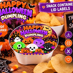 May include: A digital printable snack container lid label featuring the text Happy Halloween Dumpling. The design displays colorful cartoon dumplings with faces, jack-o'-lanterns, and a spooky haunted house silhouette against a dark purple background.