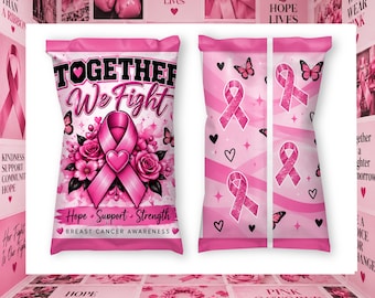 Zakje chips voor borstkankerbewustzijn, feestartikel met roze lintje 'Samen strijden we', traktatiezakje voor de kankerloop, printbare roze oktoberverpakking