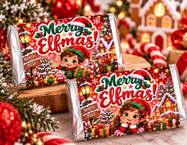 Merry Elfmas Mini Chocolate Wrappers, Christmas Elf Candy Bar Labels ...