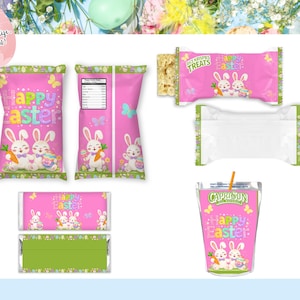 May include: Pink Easter-themed packaging with the words "Happy Easter" and illustrations of bunnies. The image includes a variety of packaged treats, including a Capri Sun juice box and Rice Krispies Treats.