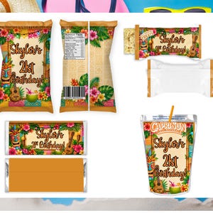 May include: A collection of custom party favor packaging featuring a tropical tiki theme with hibiscus flowers, ukuleles, and tiki masks. The labels display the text Skyler's 21st Birthday and include designs for chip bags, candy bars, rice cereal treats, and drink pouches.