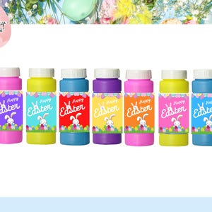 May include: A collection of colorful bubble bottles with white caps. Each bottle has a label with the text "Happy Easter" and a cartoon bunny. The bottles are in shades of pink, yellow, blue, purple, and orange.