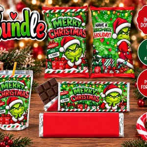 May include: A digital bundle featuring Grinch-themed party supplies including two chip bag designs, a juice pouch label, and a chocolate bar wrapper. Each item displays the text Merry Christmas or Have a Grinch-tastic Holiday with a green character.