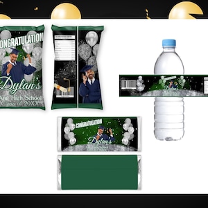 May include: Graduation-themed party favors, including chip bags, water bottle labels, and a candy bar wrapper. The designs feature a graduate in a cap and gown, balloons, and the text "Congratulations" and "Dylan's Any High School Class of 20XX."