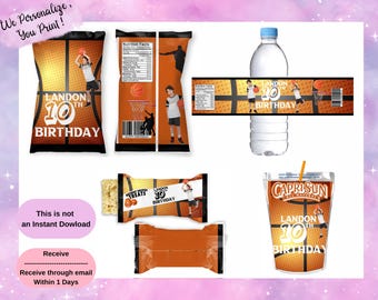 Basketball Birthday Party Favor Bundle, Personalized Chip Bag, Water Bottle Label, Juice Pouch & Treat Wrapper File