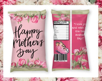 Mother’s Day Chip Bag - Pink Floral Template - Happy Mother’s Day Treat Bag - Printable Snack Wrapper - Mother’s Day Party Favors