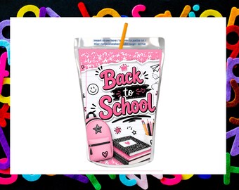 Back to School Juice Pouch Wrapper Printable, Pink School Party Favor, Girls School Juice Label, Instant Download PDF