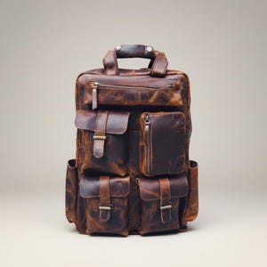 May include: A brown leather backpack with multiple pockets and compartments. The backpack features a top handle, adjustable straps, and a distressed finish. It has a zippered main compartment and several smaller pockets with buckle closures.
