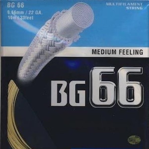 May include: A package of Yonex BG 66 badminton string. The package is primarily navy blue and light blue, with the text "BG 66" in large, silver letters. The string is white and has a diameter of 0.66mm (22 gauge), and is 10m (33 feet) long.