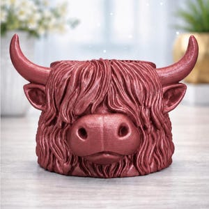 May include: A metallic dark red planter shaped like the head of a Highland cow. The sculpture features detailed textured fur, prominent curved horns, and a wide snout. The top of the head is open, designed to hold small plants or decorative items.
