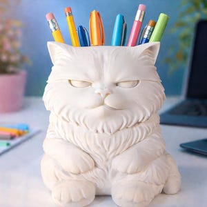 May include: A white, grumpy cat-shaped pencil holder with various colored pens and pencils inside. The text "GRUMPY CAT PENCIL HOLDER" is at the top. The bottom text reads "Perfectly Adorable Desk Organizer! Cats + Grumpiness = Instant Happiness!"