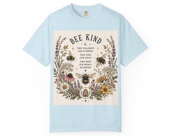 Bee Kind florale Bienen Illustration T-Shirt | Bestäuber, Wildblumenkranz