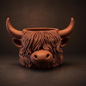 Puede incluir: Una maceta en forma de vaca de las Tierras Altas de color terracota. La maceta presenta una cara esculpida detallada con una melena desgreñada, cuernos prominentes y una boca ancha y abierta. El fondo es marrón oscuro.