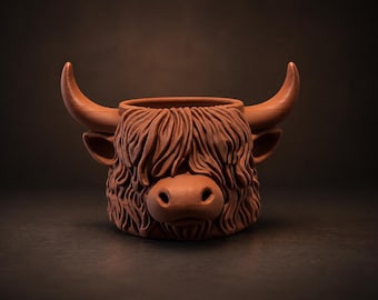 Maceta con forma de vaca de las Tierras Altas / Maceta rústica para suculentas, decoración de escritorio, portalápices, decoración para pintar.