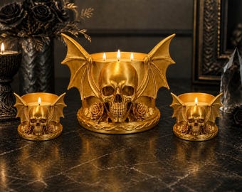 Gothic Skull Candle Holder Set, Bat Wings, Dark Floral Decor, Halloween Home Accent Decor