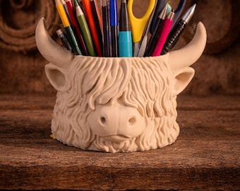 Vaso em formato de vaca das Terras Altas | Vaso para suculentas em formato de animal | Decoração de mesa | Porta-lápis | Pode ser pintado