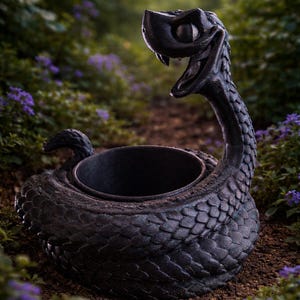 May include: A dark, snake-shaped planter with an open mouth and a scaled body. The planter is set in a natural outdoor setting with purple flowers and greenery.