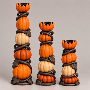 May include: A set of three vertical candle holders featuring stacked orange and cream-coloured pumpkins wrapped in dark brown vines. Each holder is topped with an orange, petal-shaped cup. The pumpkins vary in size and colour, creating a tiered design.