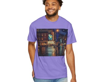 Rainy City Night Straßenszene T-Shirt | neon Festzelt, Pärchen Regenschirm