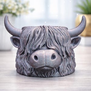 Puede incluir: Una maceta de vaca de las Tierras Altas en un acabado gris metálico. La maceta presenta una textura de pelaje detallada, cuernos y una nariz prominente. Este artículo decorativo es adecuado para plantas pequeñas.