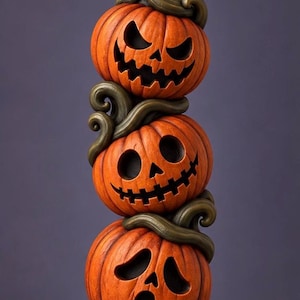 May include: A vertical decorative sculpture featuring four stacked orange pumpkins with carved jack-o'-lantern faces. The pumpkins are connected by dark green sculpted vines and leaves, resting on a circular base with a textured brown surface.