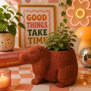 May include: A terracotta-colored capybara-shaped planter holding a small green plant. The planter sits on a pink and white checkered surface, with a lit candle in a glass holder to the left. A framed print with the words "GOOD THINGS TAKE TIME" is in the background.