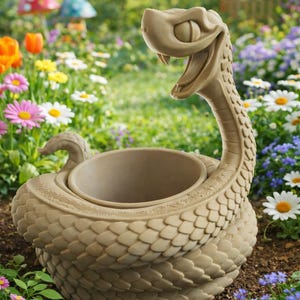 May include: A beige snake-shaped planter with an open mouth and a coiled body. The planter is made of a textured material and is surrounded by colorful flowers and greenery in a garden setting. The snake's head is raised, and its mouth is open.