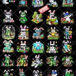 May include: A collection of pixelated Easter-themed graphics featuring bunnies with sunglasses, gaming controllers, and Minecraft-inspired characters. The designs include the text "HAPPY EASTER" and "BRUH". Colorful eggs and floral elements are also present.