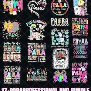 Könnte beinhalten: Eine Sammlung von 17+ PNG-Designs zum Thema Paraprofessionelle. Die Designs zeigen farbenfrohe Texte und Grafiken, darunter Sätze wie "PARA", "Dream Team" und "Parasaurs". Die Designs eignen sich für verschiedene Bastelprojekte.