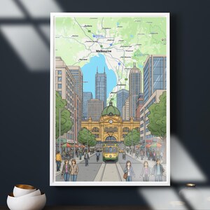 Melbourne City Map Poster, Flinders Street Station Tram Wall Art (Digital Download)