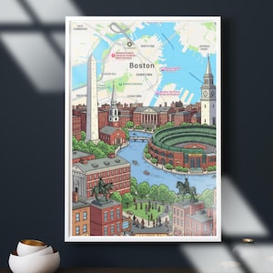 May include: A framed illustration of Boston, Massachusetts, featuring a detailed map with landmarks like Beacon Hill, Boston Common, and the New England Aquarium. The artwork uses a colorful, cartoon-like style, with a white border.