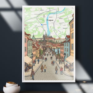 May include: A framed art print of Prague, Czech Republic, featuring a detailed map overlay. The illustration depicts the Charles Bridge, buildings, and people. The color palette includes pastels and earth tones.