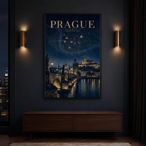 May include: A rectangular wall art print featuring a night view of the Charles Bridge and Prague Castle in Prague, Czech Republic. The top section displays a stylized map of the city with the text PRAGUE and CZECH REPUBLIC in gold lettering.