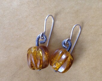 Sterling Silver Handmade Reticulated Artisan Vintage Crackle Lucite Modern Earrings