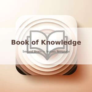 Puede incluir: Gráfico digital con un icono de libro y las palabras "Book of Knowledge". El diseño incluye el texto "Second Brain - Notion Template" debajo del título, sobre un fondo degradado con un efecto de capas.
