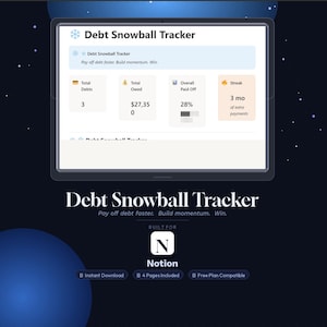 May include: A digital Debt Snowball Tracker on a tablet screen. The tracker displays debt information, including total debts, total owed, overall paid off, and a streak of extra payments. The design is dark with white and light blue accents.