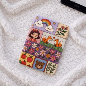 Cute Animal Kindle Case Magnetic Cover, Whimsical Patchwork Design, Kindle Paperwhite Kobo Clara Case, Transparent Back Personalized Gift