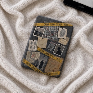 May include: A dark gray e-reader cover featuring a crime scene investigation theme. The design includes yellow caution tape printed with CRIME SCENE DO NOT CROSS, a fingerprint, a map, a key in a bag, and silhouettes of a person in a trench coat.