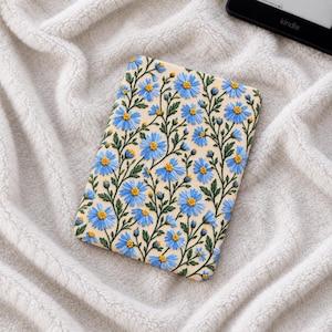 Kindle Paperwhite Case Blue Daisy Floral Print Embroidery Effect Botanical Cottagecore Cover Reader Gift for Women