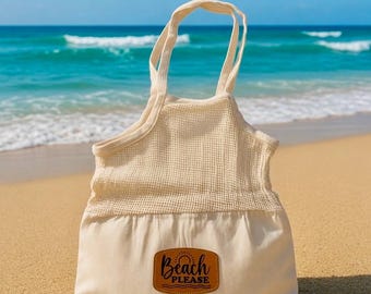 Borsa a rete in cotone biologico Beach Please / Borsa da spiaggia 33x35 cm con inserto in pelle / Borsa ecologica per il mercato