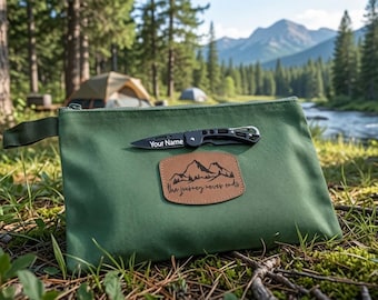 Astuccio da campeggio in tela con cerniera – Borsa da viaggio in pelle con inserto in pelle e coltellino tascabile