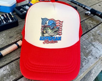 Cappellino da camionista patriottico American Hooker per pescatori - Cappellino con bandiera USA e pesce persico
