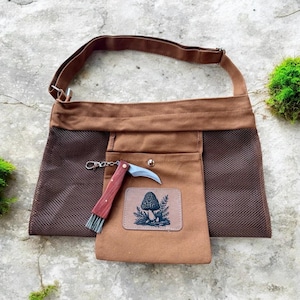 Morel Mushroom Foraging Bag - Canvas Mesh Harvesting Tote with Pockets, Knife, and Brush Tool - Bushcraft Morel Hunting Pouch