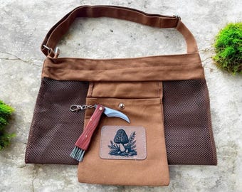 Morel Mushroom Foraging Bag - Canvas Mesh Harvesting Tote with Pockets, Knife, and Brush Tool - Bushcraft Morel Hunting Pouch