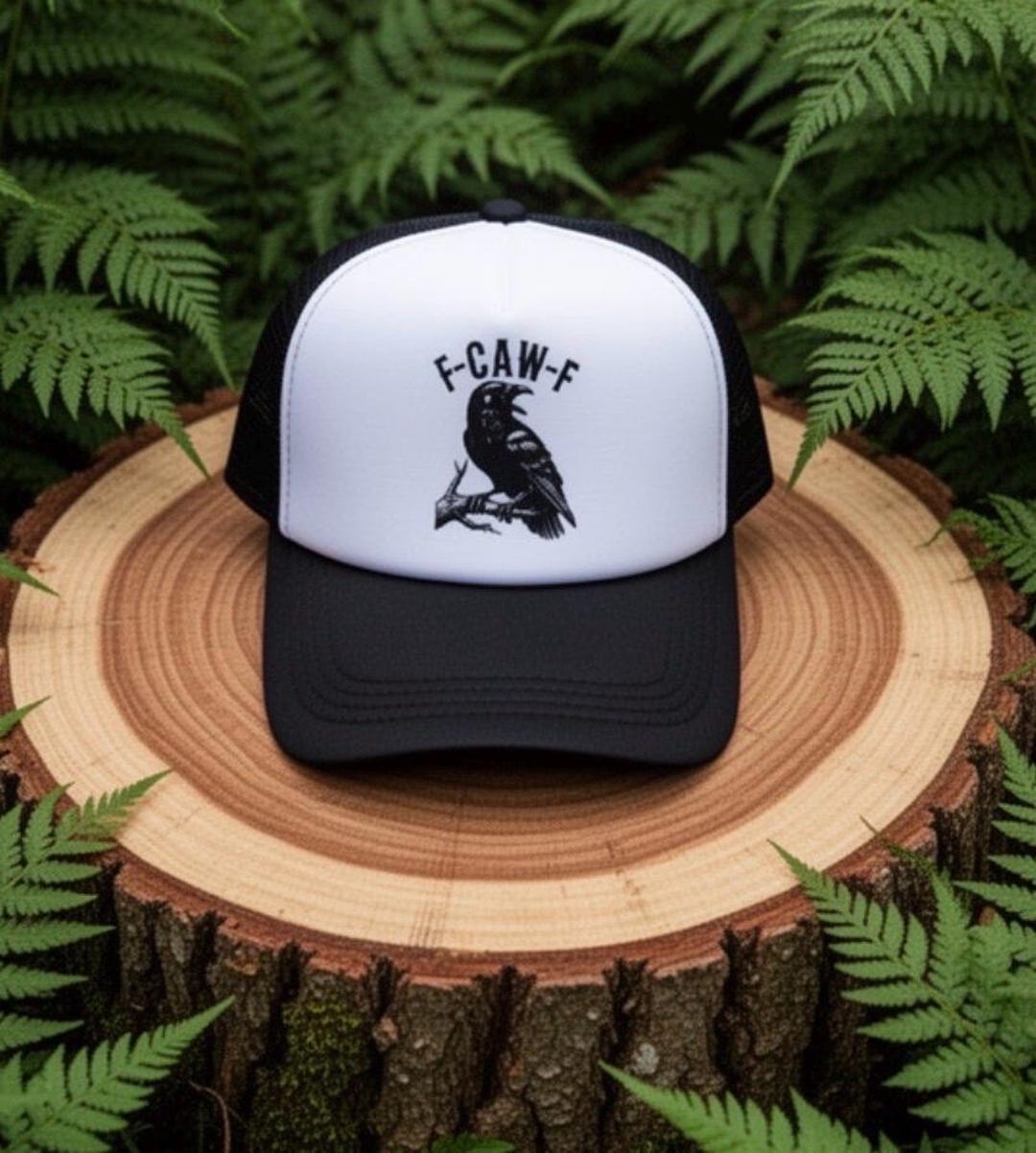 F-CAW-F Trucker Hat – Funny Crow Raven Bird Mesh Cap – Black & White ...